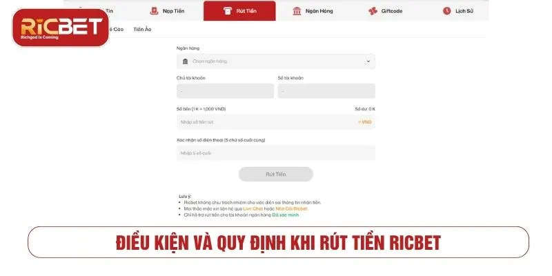 Điều kiện và quy định cần biết khi rút tiền RICBET